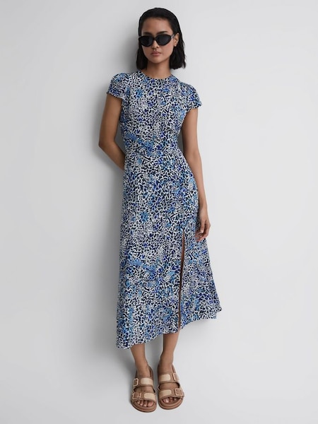 Printed Cut Out Back Midi Dress in Blue (D55826) | £85