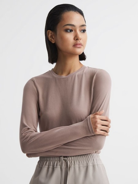 Long Sleeve Crew Neck Top in Taupe (D56873) | £25