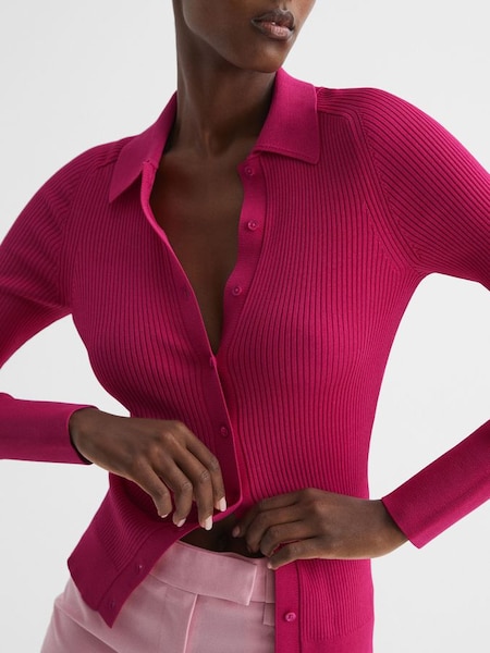 Ribbed Button Through Shirt in Pink (D57939) | £60