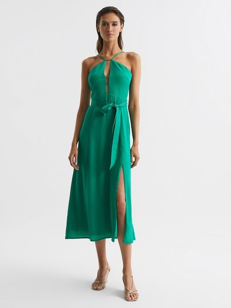 Halter Neck Belted Midi Dress in Green (D57959) | £90