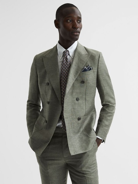 Slim Fit Double Breasted Wool-Linen Blazer in Sage (D60431) | £275