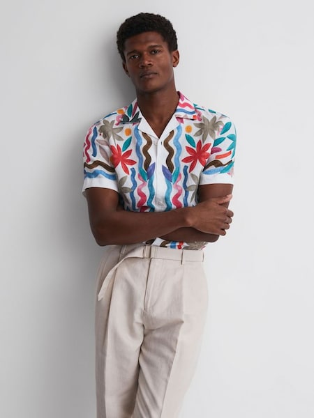Linen Floral Cuban Collar Shirt in Multi (D63027) | £90