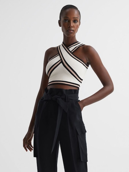 Knitted Halter Neck Colourblock Crop Top in Ivory (D65806) | £70