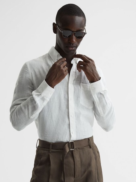Regular Fit Button Down Linen Shirt in White (D65825) | £55
