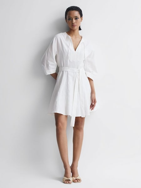 Relaxed Fit Self-Tie Mini Dress in Cream (D65833) | £65