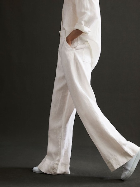 Petite Linen Wide Leg Garment Dyed Trousers in White (D65836) | £150
