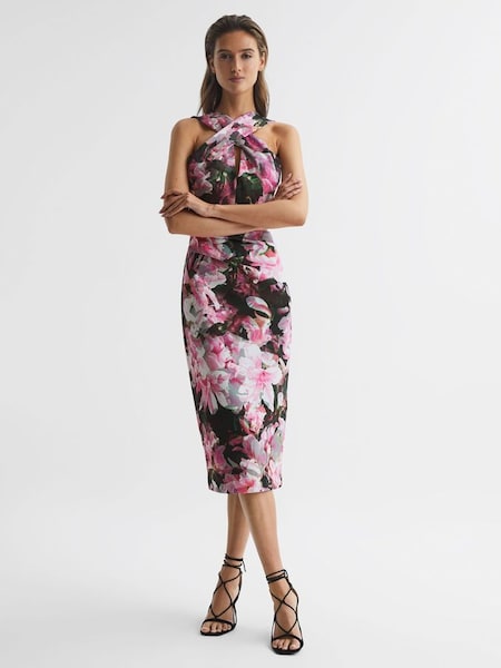 Floral Print Halter Midi Dress in Pink (D65870) | £70