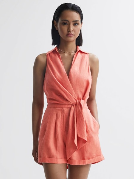 Petite Sleeveless Linen Playsuit in Coral (D68903) | £78