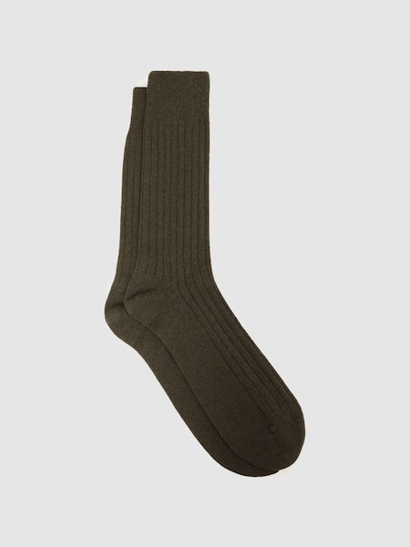 Wool-Cashmere Blend Ribbed Socks in Khaki (D68925) | £15