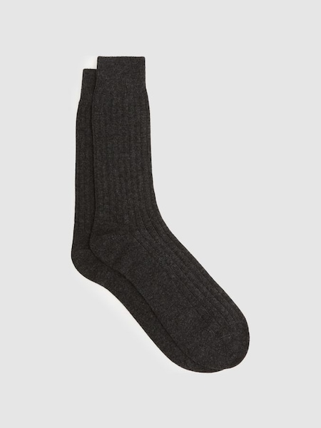 Wool-Cashmere Blend Ribbed Socks in Charcoal (D68927) | £15