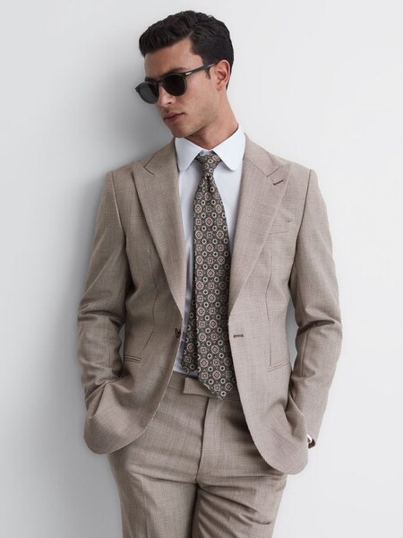 Slim Fit Wool Single Breasted Puppytooth Blazer in Brown (D69001) | £120