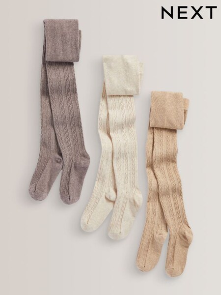 Next Oatmeal Cream/Brown 3 Pack Cotton Rich Cable Tights (D71627) | £15 - £21