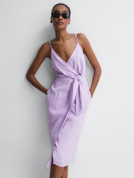 Linen Side Tie Midi Dress in Lilac (D72418) | £70