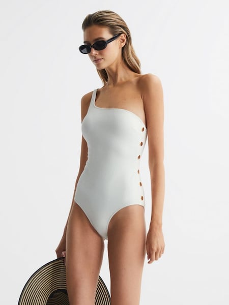 One Shoulder Button Detail Swimsuit in White (D72428) | £55
