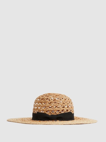 Crochet Raffia Wide Brim Hat in Neutral (D74467) | £60