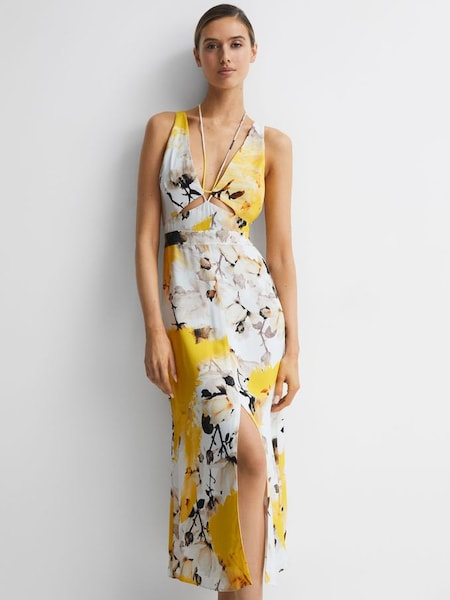 Fitted Floral Print Midi Dress in Yellow (D74475) | £80