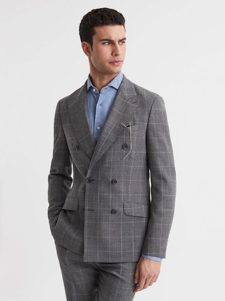 Slim Fit Double Breasted Checked Blazer in Grey (D75720) | £225