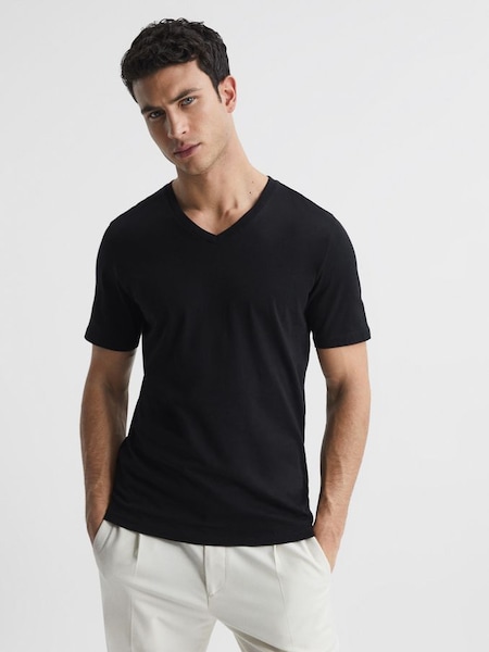 Cotton V-Neck T-Shirt in Black (D75724) | £28