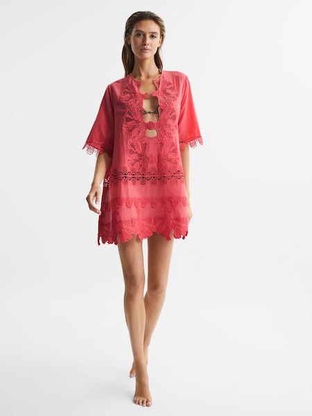 Embroidered Kaftan in Coral (D76852) | £95