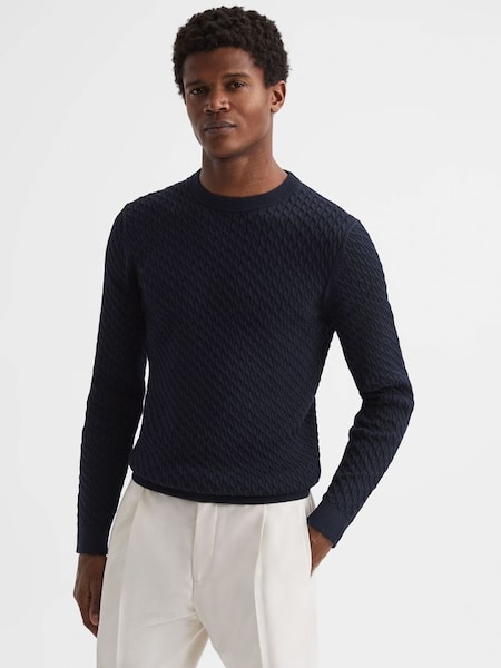 Crew Neck Cable Knit Jumper in Navy (D77703) | £50