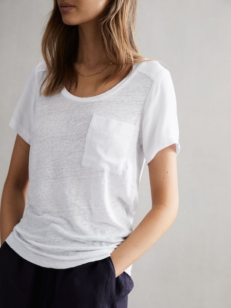Woven Linen Short Sleeve T-Shirt in White (D80141) | £40