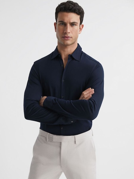 Mercerised Cotton Button-Through Shirt in Navy (D85479) | £40