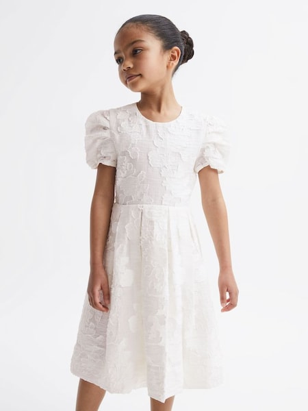 Junior Floral Print Textured Dress in Ivory (D85798) | £60