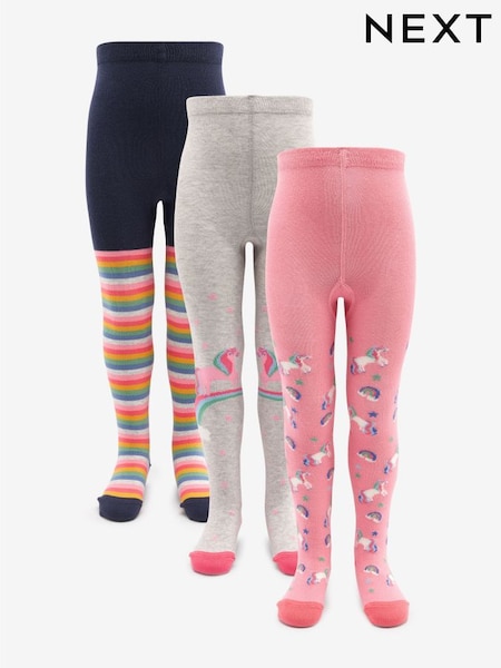 Next Blue, Pink and Grey 3 Pack Cotton Rich Unicorn Tights (D86504) | £16 - £19