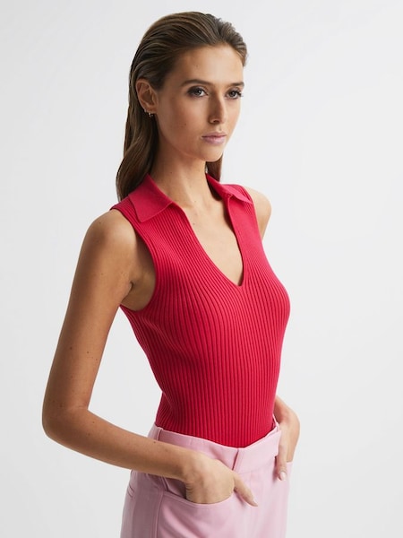 V-Neck Collared Sleeveless Top in Pink (D87102) | £25
