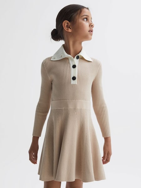 Junior Colourblock Knitted Dress in Camel (D87115) | £40