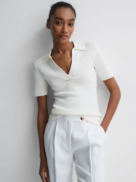 V-Neck Collared Knit Top in Ivory (D87116) | £65
