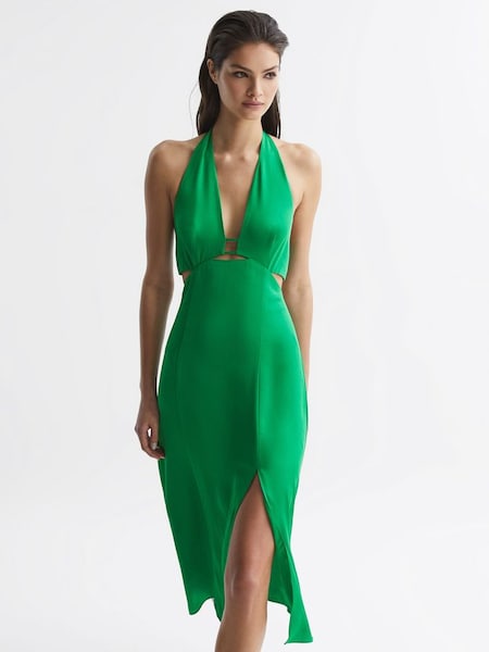 Fitted Halter Neck Midi Dress in Green (D89709) | £95