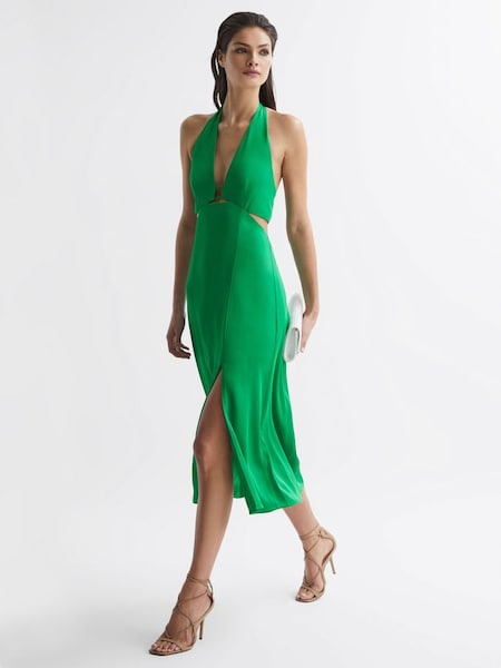 Petite Fitted Halter Neck Midi Dress in Green (D89719) | £95