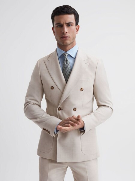Slim Fit Double Breasted Wool Blend Blazer in Stone (D91245) | £150