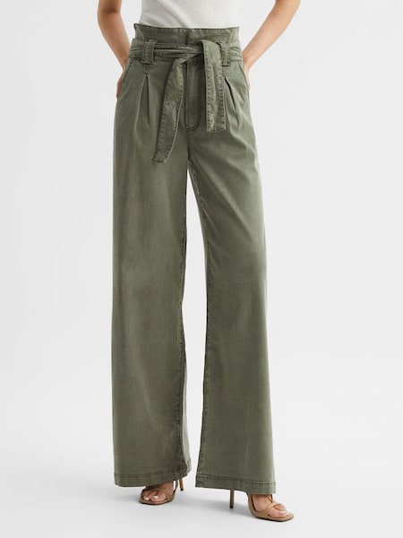 Paige High Rise Paper Bag Trousers in Vintage Ivy Green (D93461) | £195