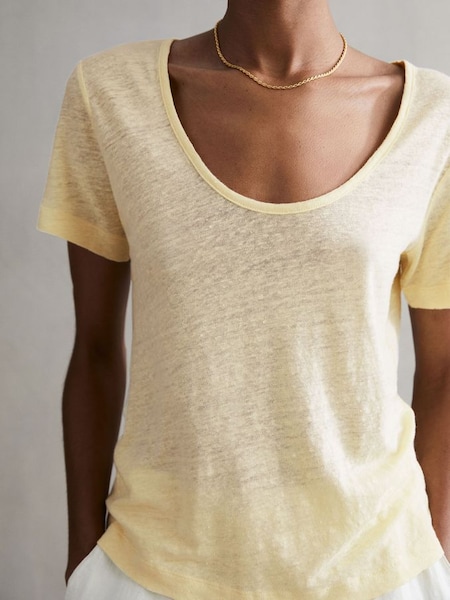 Linen Scoop Neck T-Shirt in Lemon (D97812) | £25