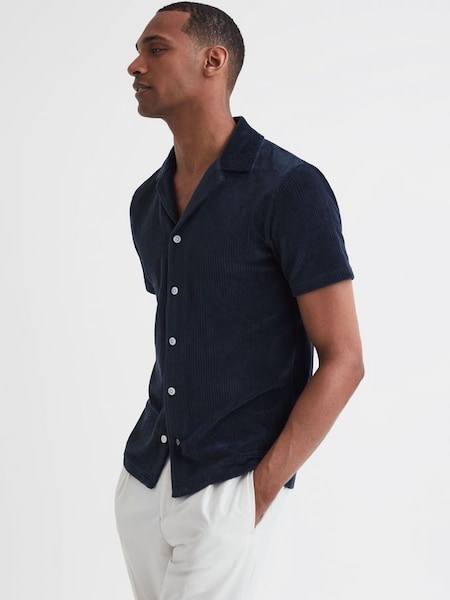 Slim Fit Cuban Collar Textured Shirt in Navy (D97843) | £68