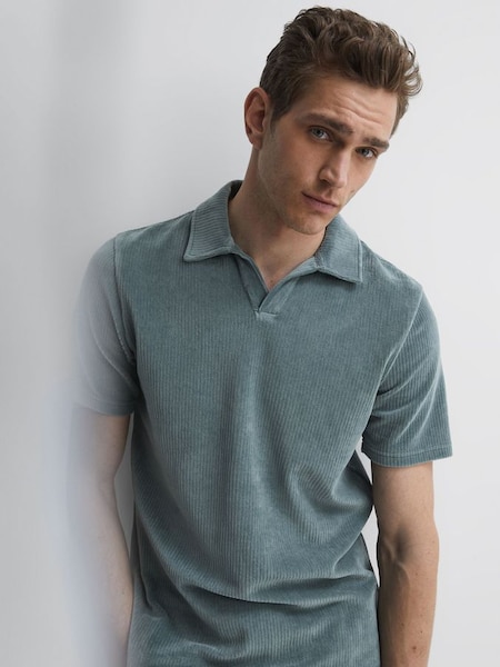 Ribbed Velour Open-Collar Shirt in Sage (D97846) | £30