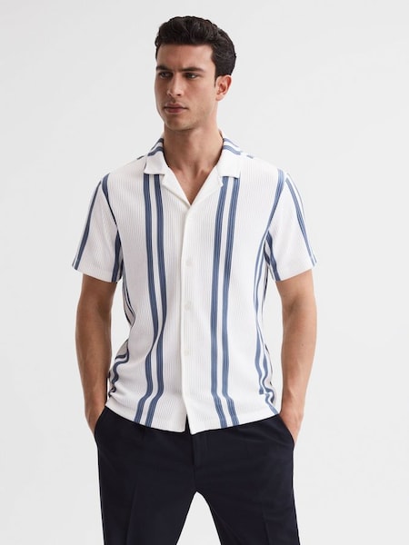 Ribbed Striped Cuban Collar Shirt in White/Air Force Blue (D97855) | £60