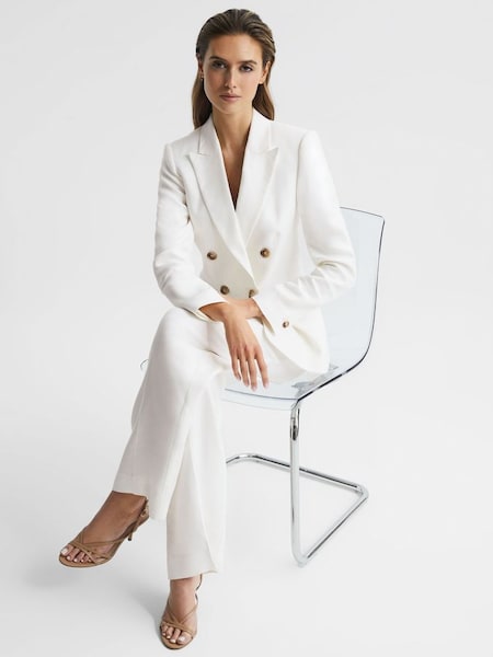 Petite Double Breasted Linen Blazer in White (D97862) | £128