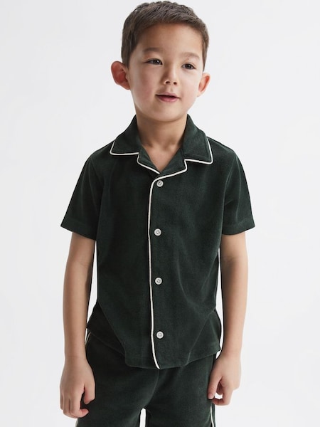 Junior Towelling Cuban Collar Shirt in Green (D99255) | £15