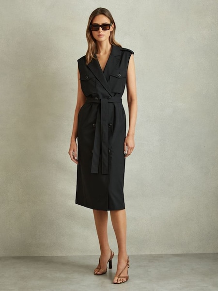 Wool Blend Double Breasted Midi Dress in Black (E00689) | £228