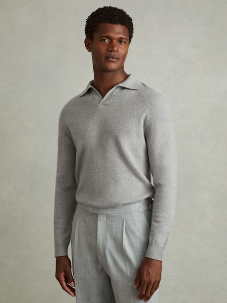 Wool-Cashmere Open-Collar Polo Shirt in Soft Grey Melange (E02283) | £118