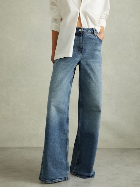 Petite Wide Leg Flared Jeans in Mid Blue (E04252) | £150