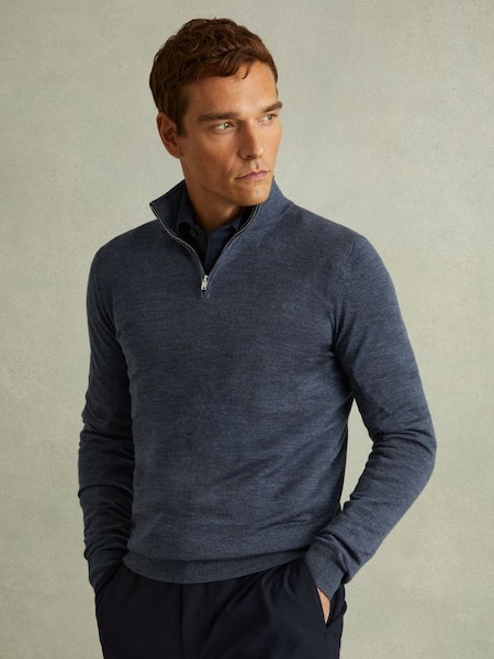 Merino Wool Half-Zip Polo Shirt in Dark Airforce Blue Melange (E04261) | £98