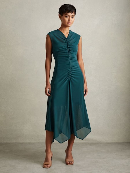 Lyra Teal Mesh Jersey Ruched Midi Dress (E08139) | £148