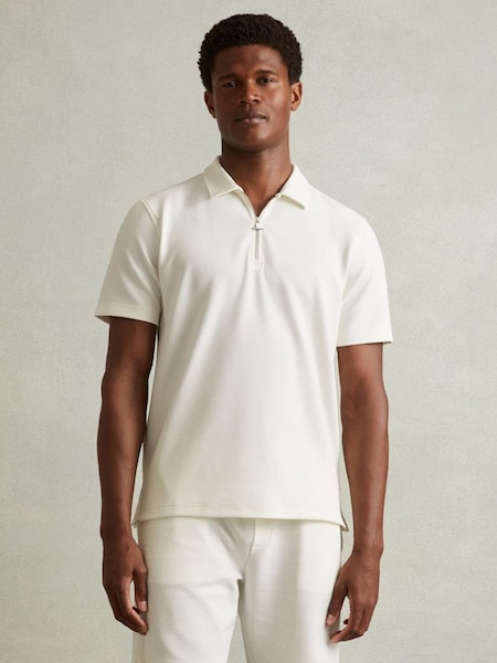 Textured Zip-Neck Polo Shirt in Off White (E11895) | £68