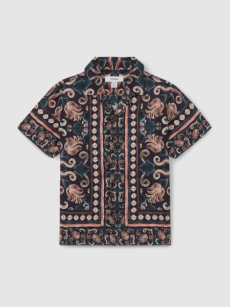 Junior Ornamental Print Cuban Collar Shirt in Dark Teal (E14718) | £42