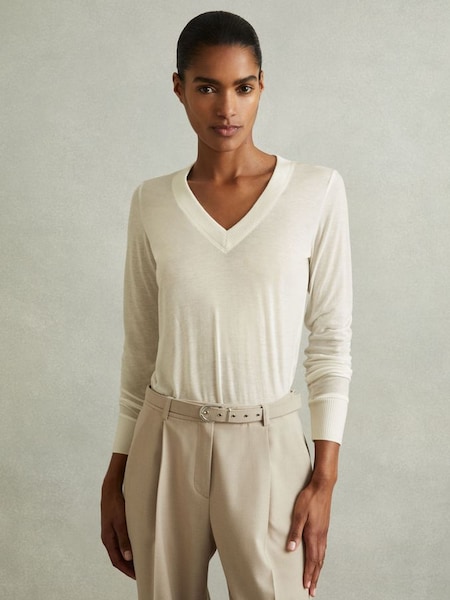 Lyocell-Wool Open-Collar Top in Cream (E19920) | £88