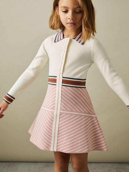 Knitted Striped Collar Dress in Pink (E26467) | £74